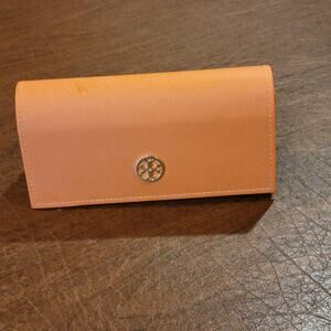 Tory Burch large sunglasses case with golden tone logo.